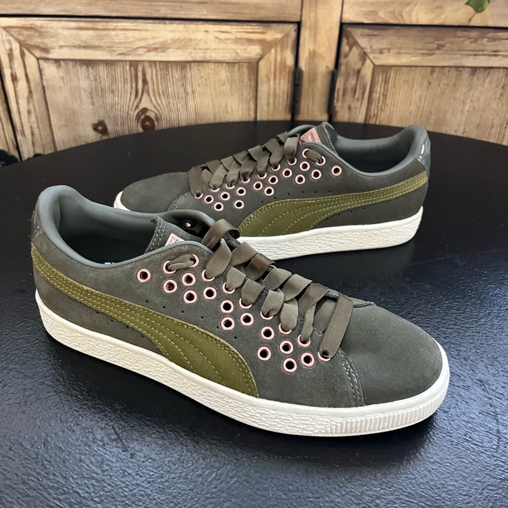 Puma Olive Green Suede Sneakers with Pink Eyelets